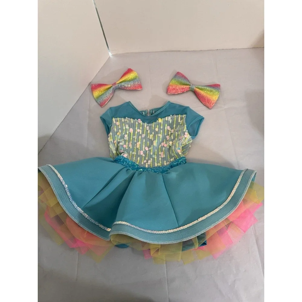 Weissman Turquoise Rainbow Sequin Dance Costume Style 64830 with 2 Hair Bows‎